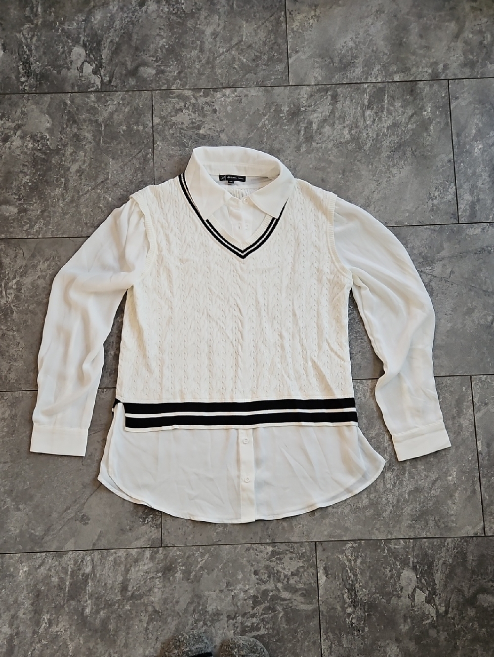 Adrianna Papell White Layered-Vest Button-Down Shirt with Black Trim